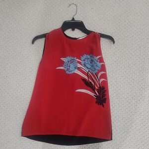 Diane Von Furstenberg Red Floral Sleeveless Blouse with Contrasting Back